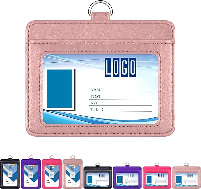 Wisdompro 2-Sided PU Leather ID Badge Holder with 1 ID Window and 1 Card Slot and 1 piece 22 Inch Polyester Detachable Neck Lanyard Strap (Holds 3 to 4 Cards) - Horizontal (Rose Gold)