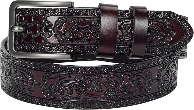 INOGIH Mens Western Floral Engraved Embossed Tooled Genuine Leather Belt - Square Buckle Casual Belt For Daily Decoration