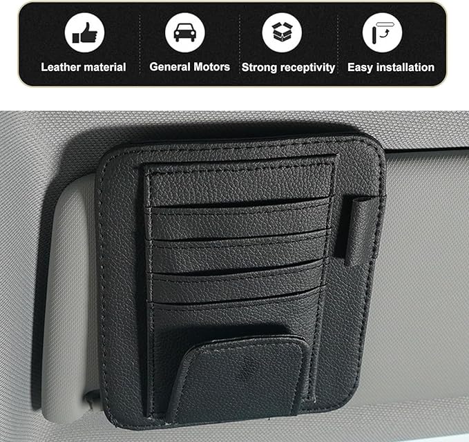 Car Sun Visor Organizer, Small Leather Car Visor Organizer with Sunglasses Clip, Multifunctional Auto Sun Visor Storage Pocket, Card Sleeve Pocket Organizer for Driving License, Pen, Chapstick