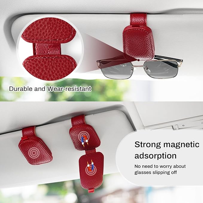 SINGARO Sunglasses Holder for Car, Leather Magnetic Buckle Sun Visor Sunglass Clip, Ticket Card Storage Glasses Clip, Car Interior Accessories for Men and Women(Red)