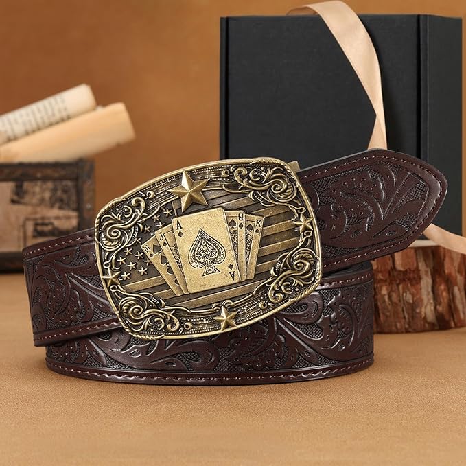 Cowboy Western Ratchet Belt for Men Women with Automatic Western Buckle, Ratchet Cowboy Leather Belt for Jeans Gifts