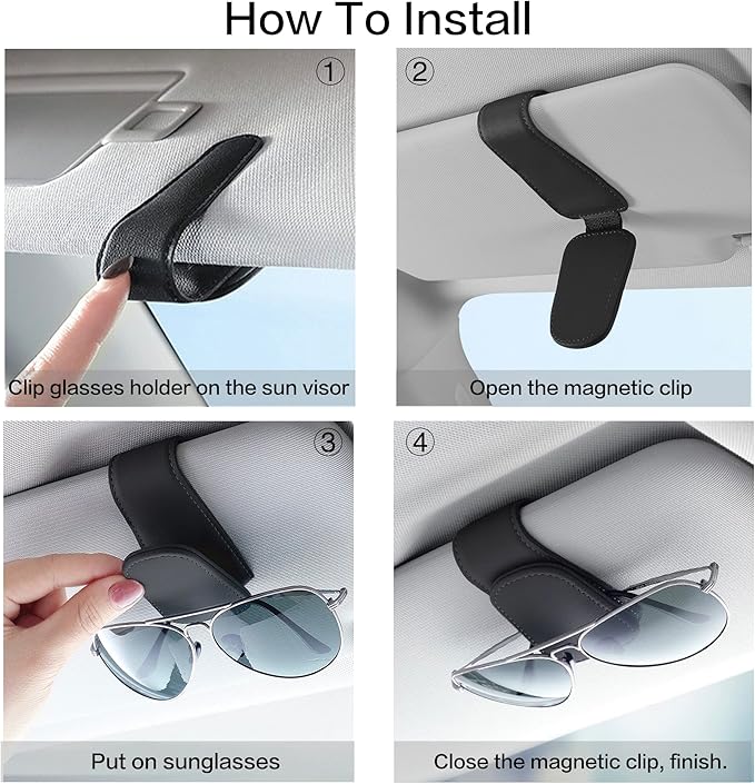 Sunglass Holder for Car Sun Visor, Magnetic Eyeglass Hanger Clip for Car Visor, Leather Car Glasses Mount, Car Interior Visor Accessories (Black-1Pcs)
