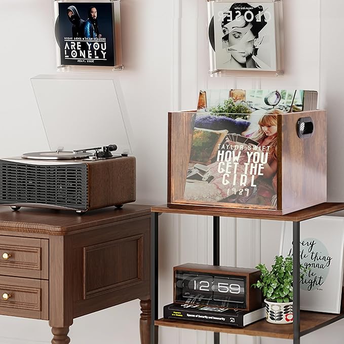 Vinyl Record Storage Crate, Holds up To 60 LPs, Album Visible Storage Box with Acrylic Front, Handle, Wooden Multi-Purpose Organizer for Records, Magazines and Books, for Desktop and Home Office