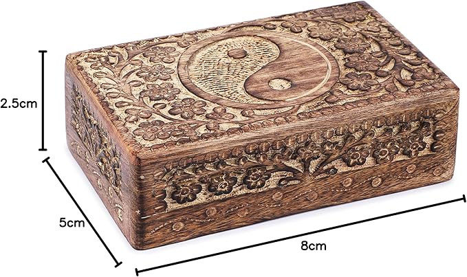 Ajuny Handcrafted Wooden Jewelry Box with Tai Chi Flower Carving – 8x5 Inch Treasure Chest for Keepsakes, Trinkets, Gifts, Decorative Storage Box for Men & Women, Home Organizer