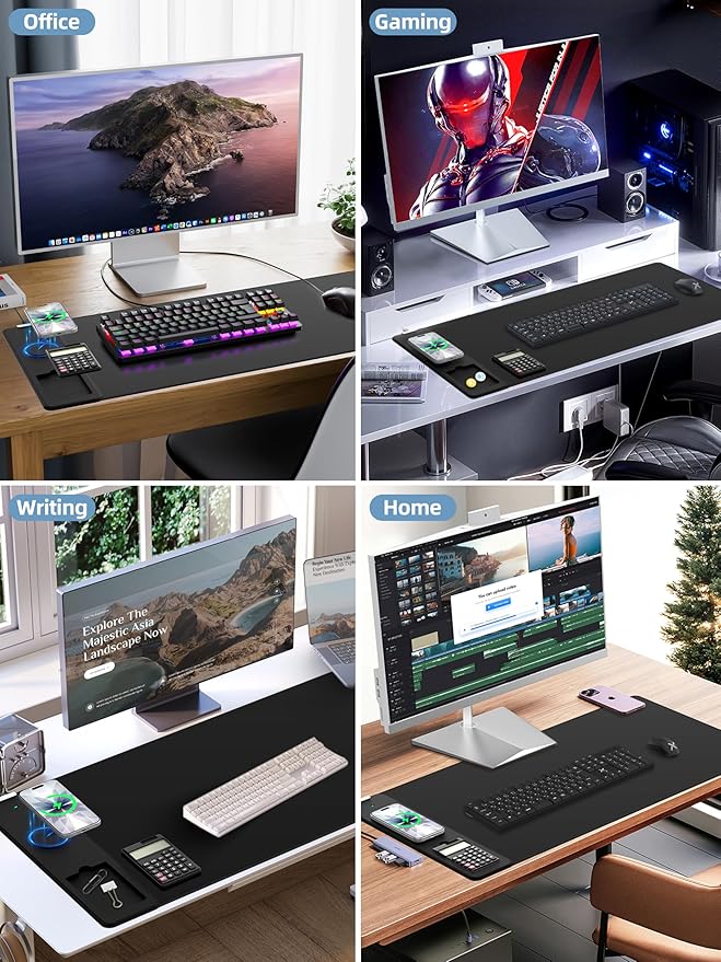 Mouse Pad 31.5x15.75 Inch with Calculator, 15W Magnetic Wireless Charging Desk Mat, XXL Desk Pad, Home Office Large Keyboard Pad with Ultra-Smooth Surface, Non-Slip Base (Black with 20W PD Charger)