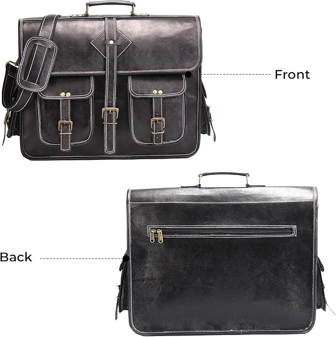 Vintage Leather Laptop Bag for Men Full Grain Large Leather Messenger bag for men 18 inches with rustic look Brown briefcase (Black)
