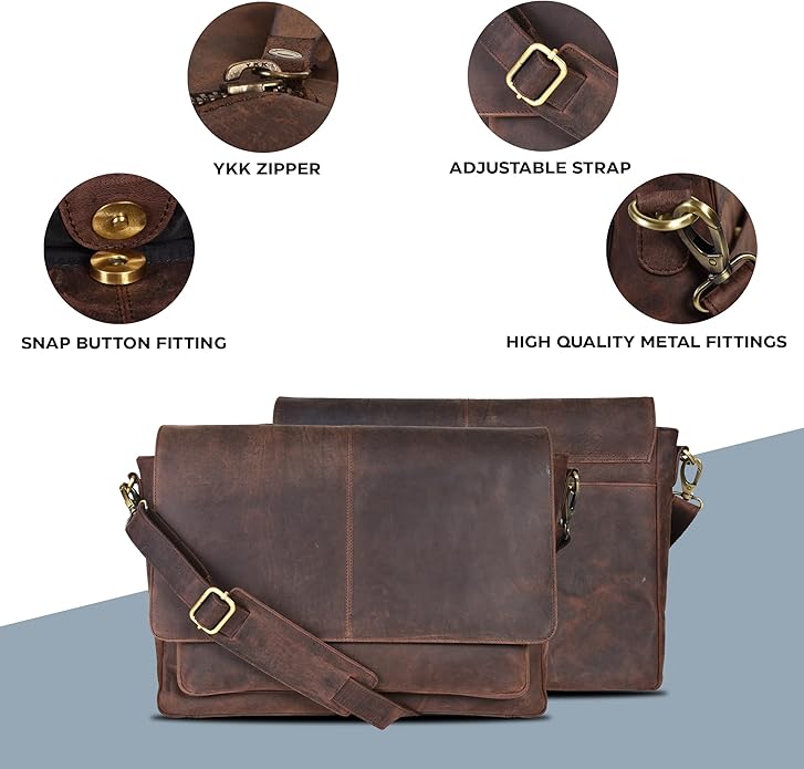 Oak Leathers Leather Messenger Bag for Men and Women - Laptop Briefcase Bag For College, Office, Adjustable Shoulder Strap