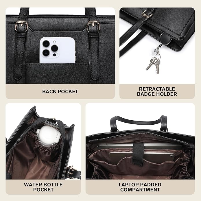 Keyli 4pc Sets Laptop Bag for Women Large Leather Laptop Briefcase with USB Charging Port Computer Shoulder tote Bags Purse