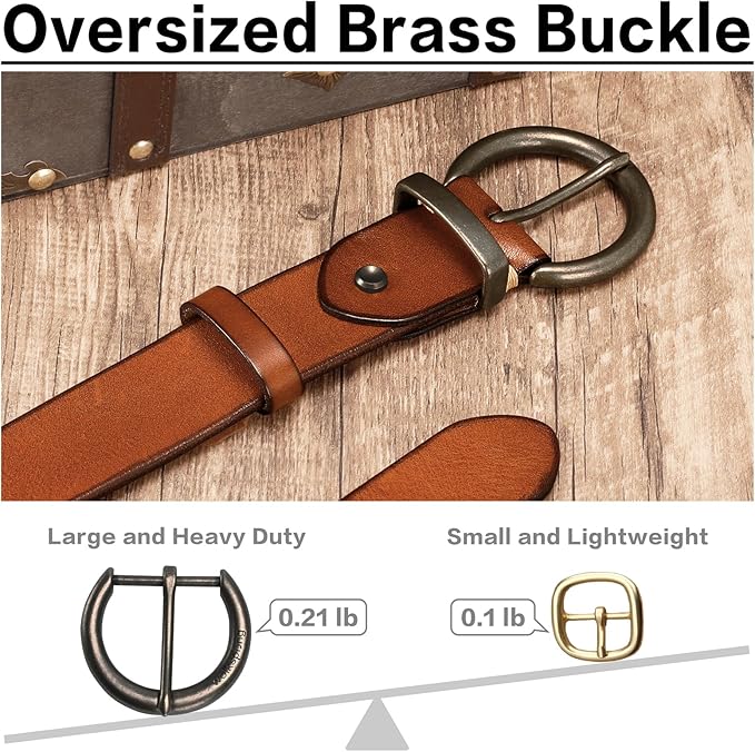 Women's 1.5 inch Leather Belt with Large Brass Buckle - Trendy Vintage Style for Jeans and Pants