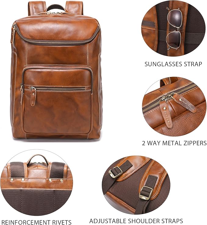 LANNSYNE Vegetable Tanned Leather Backpack For Men, 17" Laptop Backpack, Casual Outdoor Business Travel Rucksack, YKK Zippers