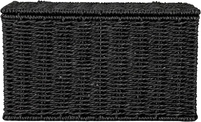 Household Essentials Small Handwoven Paper Rope Wicker Basket with Lid, Black