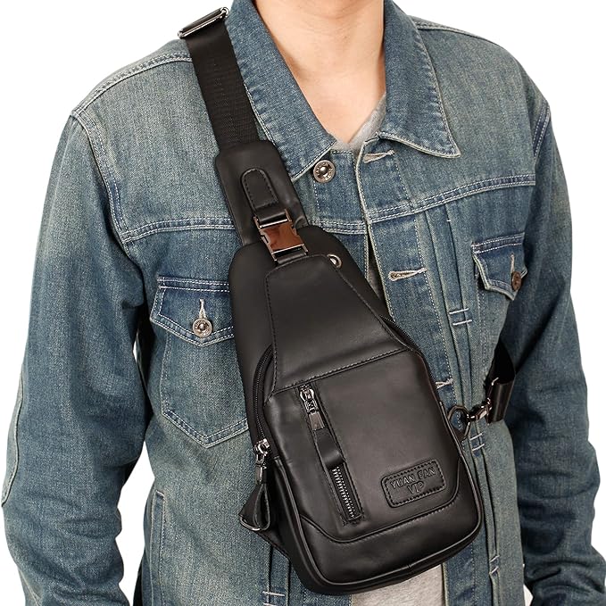 Hebetag Leather Sling Bag Hiking Daypack for Men Women Outdoor Travel Camping Fishing Crossbody Shoulder Chest Pack Daypack Small Black