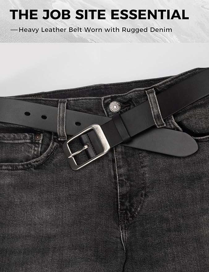 Mens Heavy Duty Full Grain Leather Belt - 1 1/2 Italian Genuine Leather with Sturdy Buckle for Jeans Casual Pants