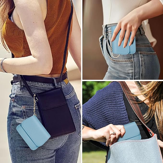 Women Small Wallet RFID Blocking Slim Wallet with Coin Pocket Tri-Fold Credit Card Holder with ID Window and Keychain (Blue)