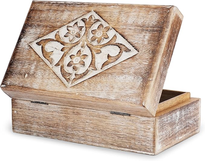Ajuny Wooden Jewelry Box floral and Diamond Carvings Handmade Decorative Brown and White Storage Box Multipurpose Organizer Trinket Holder Case Unique Gifts for Men & Women