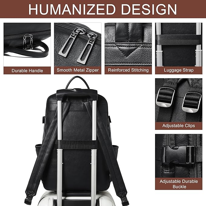 Travel Backpack for Women and Men, Fits 17.0" Laptop, Stylish Lay-Flat Carry-on Vegan Leather Backpack with Luggage Strap for Travel and Daily Use