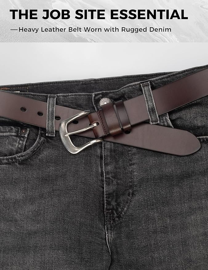 Mens Heavy Duty Full Grain Leather Belt - 1 1/2 Italian Genuine Leather with Sturdy Buckle for Jeans Casual Pants