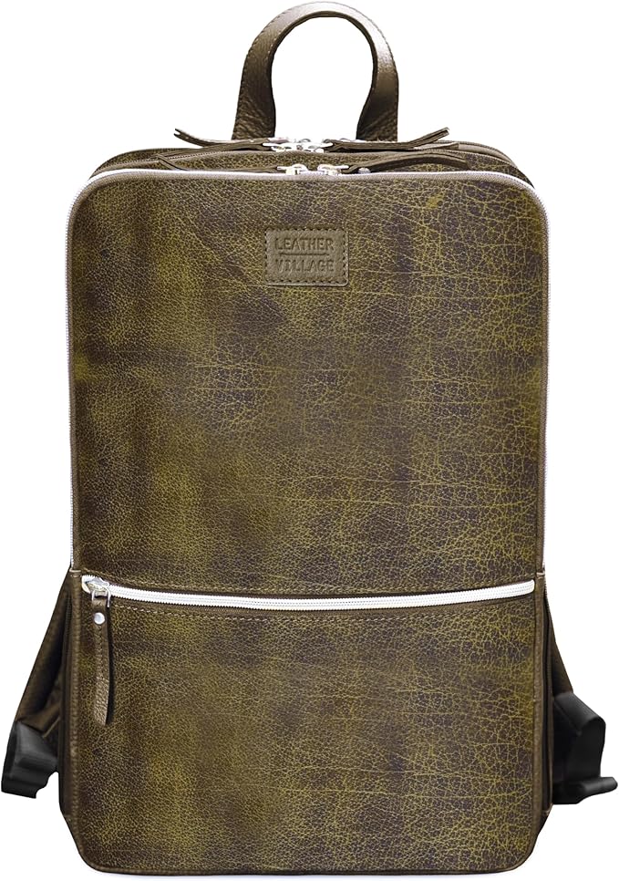 LEATHER VILLAGE Leather Laptop Backpack for Men | Olive | Slim Professional Business Bag Fits 15.6”-Laptop | Water-Repellent Work & Travel Daypack with Trolley Strap