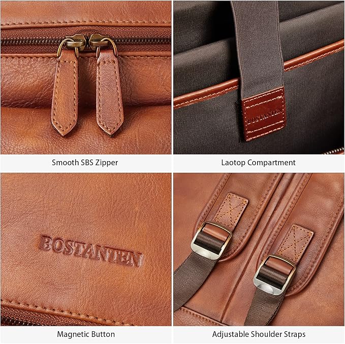 BOSTANTEN Leather Backpack for Men 15.6 inch Laptop Backpack Vintage Travel Office Bag Large Capacity Shoulder Bag Redbrown