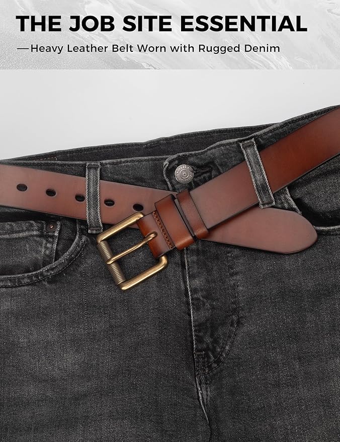 Mens Heavy Duty Full Grain Leather Belt - 1 1/2 Italian Genuine Leather with Sturdy Buckle for Jeans Casual Pants