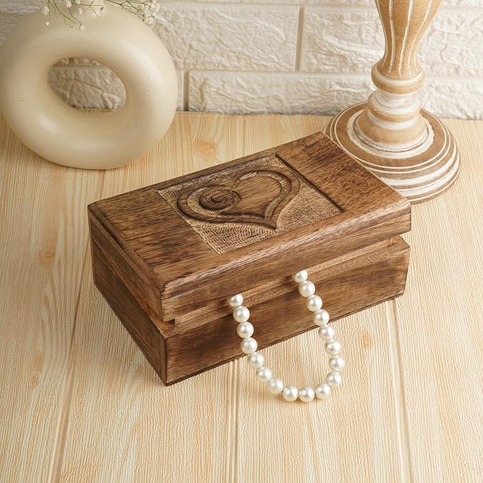 Ajuny Wooden Decorative Jewelry Box with Heart Design Carving - Multipurpose Treasure Chest Storage Keepsake Box Necklaces Watch Organizer Boxes Birthday Gifts for Women & Men 8x5 Inch
