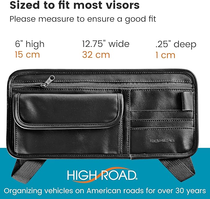 High Road Sun Visor Organizer with Sunglass Holder for Car - Faux Leather Glasses Holder for Car or Truck with Card Pockets and Zippered Compartment for Documents and Receipts