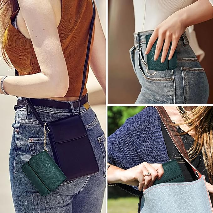 Women Small Wallet RFID Blocking Slim Wallet with Coin Pocket Tri-Fold Credit Card Holder with ID Window and Keychain (Dark Green)