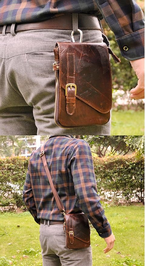 Le'aokuu Mens Genuine Leather Small Messenger Shoulder Satchel Phone Pouch Belt Waist Bag Pack