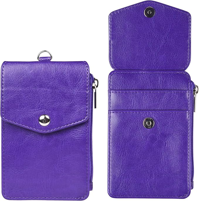 Teskyer Leather Badge Holder with Lanyard and Retractable Badge Reel, 4 Card Slots ID Card Holder with 1 Zipper Pocket for Office School Name Work IDs, Purple