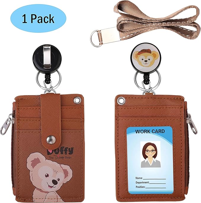 【2025 Latest】Cute ID Badge Holder Retractable Lanyard Reel Clip with Heavy Duty Carabiner, 5 Card Slots in 2 Sided with Key Ring and Zipper for Women Students Teens Girls Office Staff (Brown Duffy)