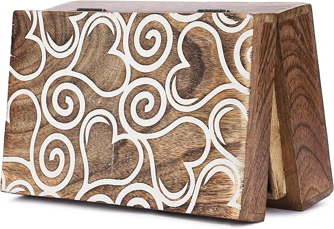 Ajuny Wooden Handmade Decorative Jewelry Storage Box White and Brown Heart Design Multipurpose Treasure Chest Keepsake Organizer Necklaces Watch Boxes Great for Gifts 8x5 Inch