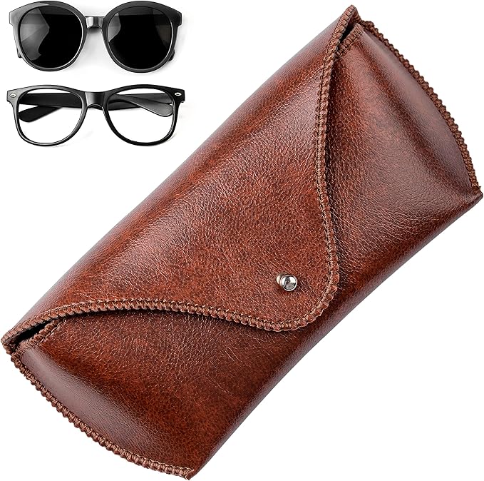 PU Leather Sunglass Case, Soft Premium Sunglasses Case Pouch Brown, Medium Big Glasses Holder For Men and Women