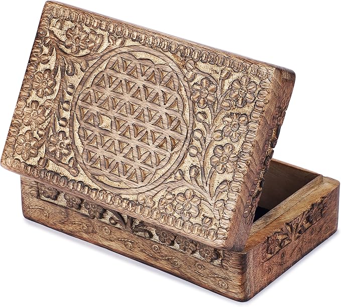Ajuny Wooden Hand Carved Jewelry Box - Mango Wood Celtic Flower Carving Decorative Keepsake Box, Memory Box Organizer Travel Treasure Chest Trinket Holder Case Great Gifts 8x5 Inch