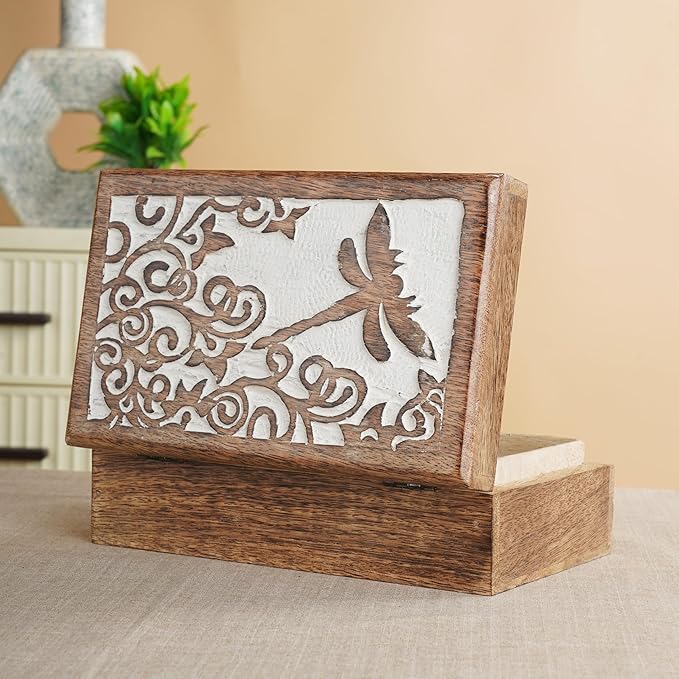 Ajuny Wooden Jewelry Keepsake Box 8x5 Inch – Handcrafted Decorative Treasure Chest for Men & Women, Multipurpose Reptier Carved Wooden Storage Box for Trinkets, Memory, Gifts, and Home Decor