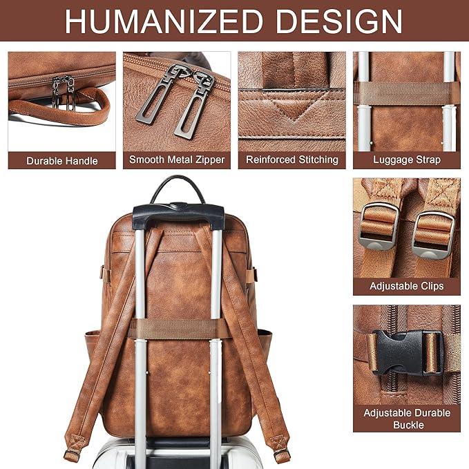 Travel Backpack for Women and Men, Fits 17.0" Laptop, Stylish Lay-Flat Carry-on Vegan Leather Backpack with Luggage Strap for Travel and Daily Use
