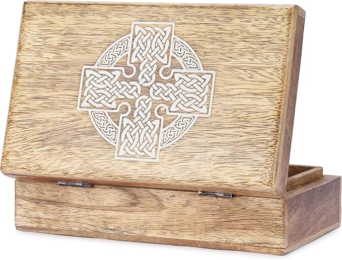 Ajuny Handmade Decorative Wooden Jewelry Box Celtic Cross Design Multipurpose Treasure Chest Storage Organizer Trinket keepsake Necklaces Watch Boxes, Great Gifts - 8x5 Inch