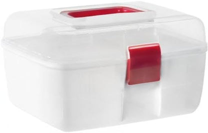 MyGift 10 Inch Multipurpose Portable White Plastic Storage Box with Removable Tray, Clear Lid and and Red Handle and Latch Lock, Home First Aid Storage Tool Box Sewing Kit Organizer Carrying Case