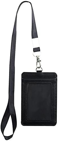 1 Badge Holder with Detachable Lanyard, Vertical PU Leather ID Badge Holder with 1 Clear ID Window & 1 Card Slot for Work, School, Metro & Access Cards (Black)