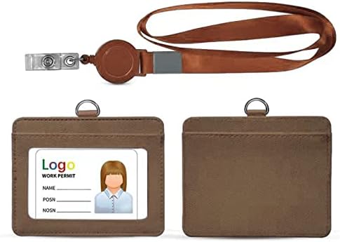 HYCOPROT ID Badge Holder with Lanyard Heavy Duty Retractable PU Leather Vertical Horizontal ID Card Holders with 1 Clear ID Window & 1 Credit Card Slot for Office School (Horizontal, Coffee)