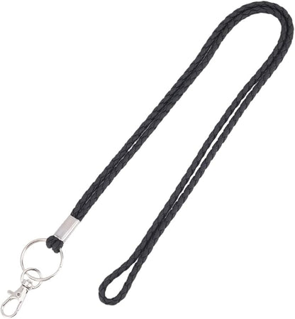 32.68 Inch PU Braided Leather Lanyard Strap Keychain Handmade Strong Office Long Neck Strap with Metal Clasp Wristlet Bracelet Necklace Badge Keychain Cord for ID Card Holder Keys (Black)