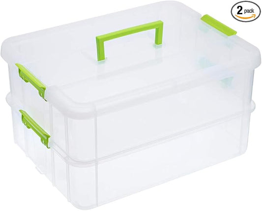 BTSKY 2 Layer Stack & Carry Box, Plastic Multipurpose Portable Storage Container Box Handled Organizer Storage Box for Organizing Stationery, Sewing, Art Craft, Jewelry and Beauty Supplies Green