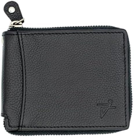 RFID Safe Leather Bi-fold Chain Wallet for Men Zip around Purse for Women Biker's Trucker YKK Metal Zipper Closure Filp up window ID (Black without Chain)