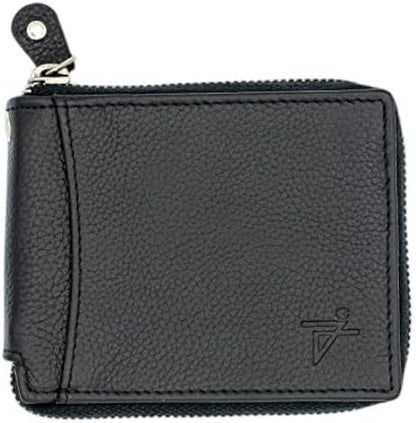 RFID Safe Leather Bi-fold Chain Wallet for Men Zip around Purse for Women Biker's Trucker YKK Metal Zipper Closure Filp up window ID (Black without Chain)