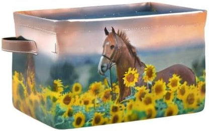 Animal Horse Sunflower Square Storage Basket Bin Canvas Fabric Compressible Organizer Basket with Handle for Bedroom Nursery Office, 1PCS