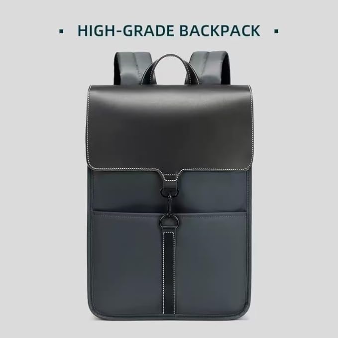 Multi-Compartment Laptop Backpack, PU Leather, Black, with Reinforced Handle and Multiple Storage Pockets