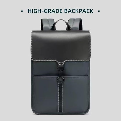 Multi-Compartment Laptop Backpack, PU Leather, Black, with Reinforced Handle and Multiple Storage Pockets