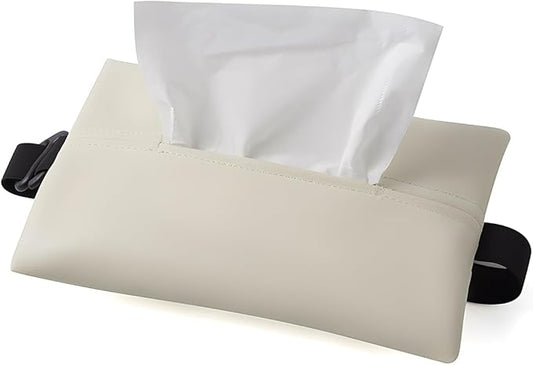 YoRise Car Tissue Holder, PU Leather Car Napkin Holder with Adjustable Strap, Center Console Tissues Box Cover, Sun Visor Organizer Keep Auto Tidy, Vehicle Headrest Storage Accessories (Beige)
