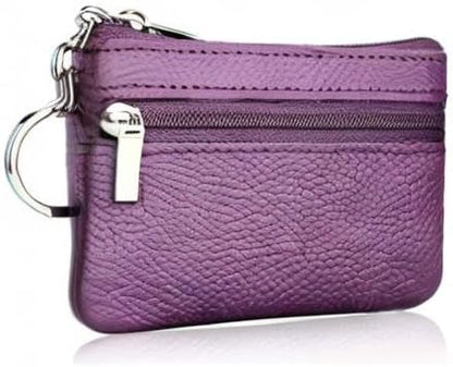 Hibate Purple Small Leather Coin Purse Change Pouch for Women Men Kids with Zip Key Ring