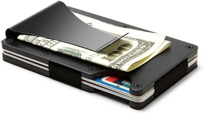 Leatherboss Wallet for Men RFID Blocking Minimalist Metal Card Holder with Money Clip Holds Credit Cards and Cash (Black)