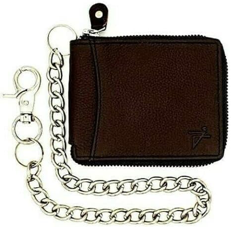 RFID Safe Leather Bi-fold Chain Wallet for Men Zip around Purse for Women Biker's Trucker YKK Metal Zipper Closure Filp up window ID (Brown with Chain)
